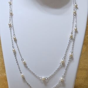Elegant Silver Multi-Strand Pearl Station Necklace - White